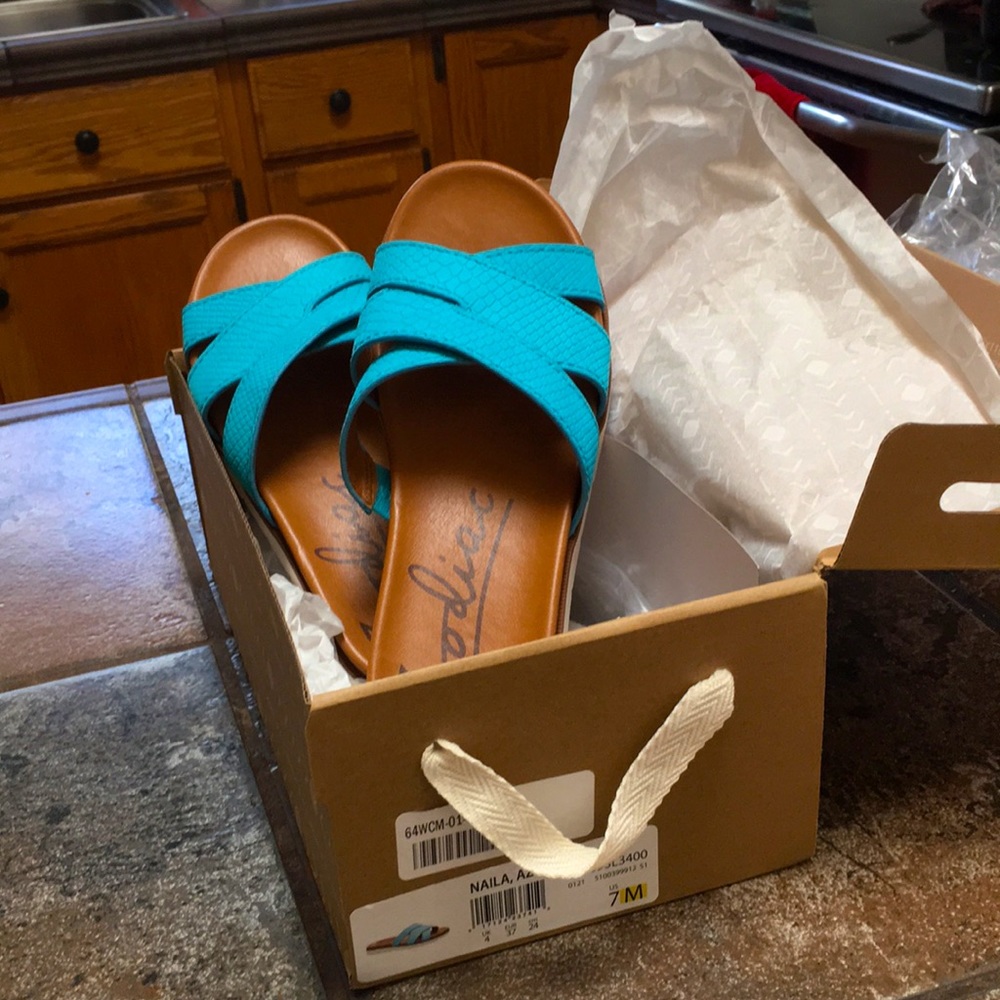 NWT  Naila Zodiac leather slide sandals, Azure, size 7